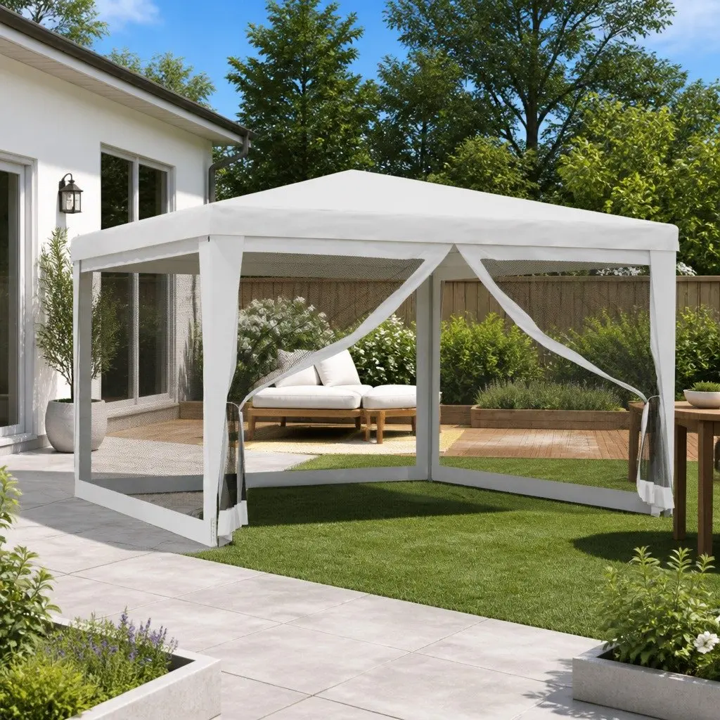 Party Tent 4x4m White Mesh Sidewalls Outdoor Gazebo Marquee Events Weddings