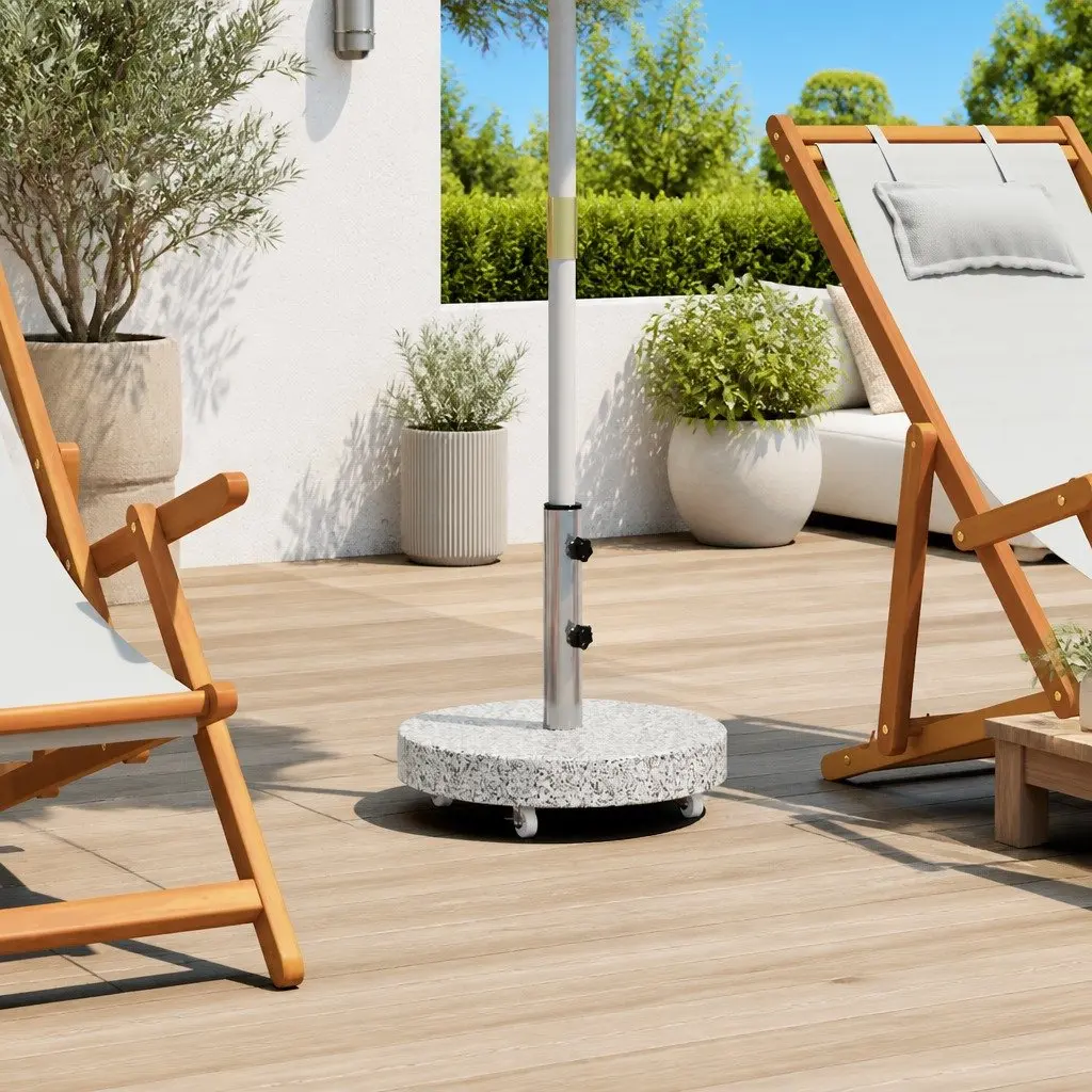 Granite Parasol Base 30kg Round Outdoor Umbrella Stand Grey with Locking Bolts and Castors