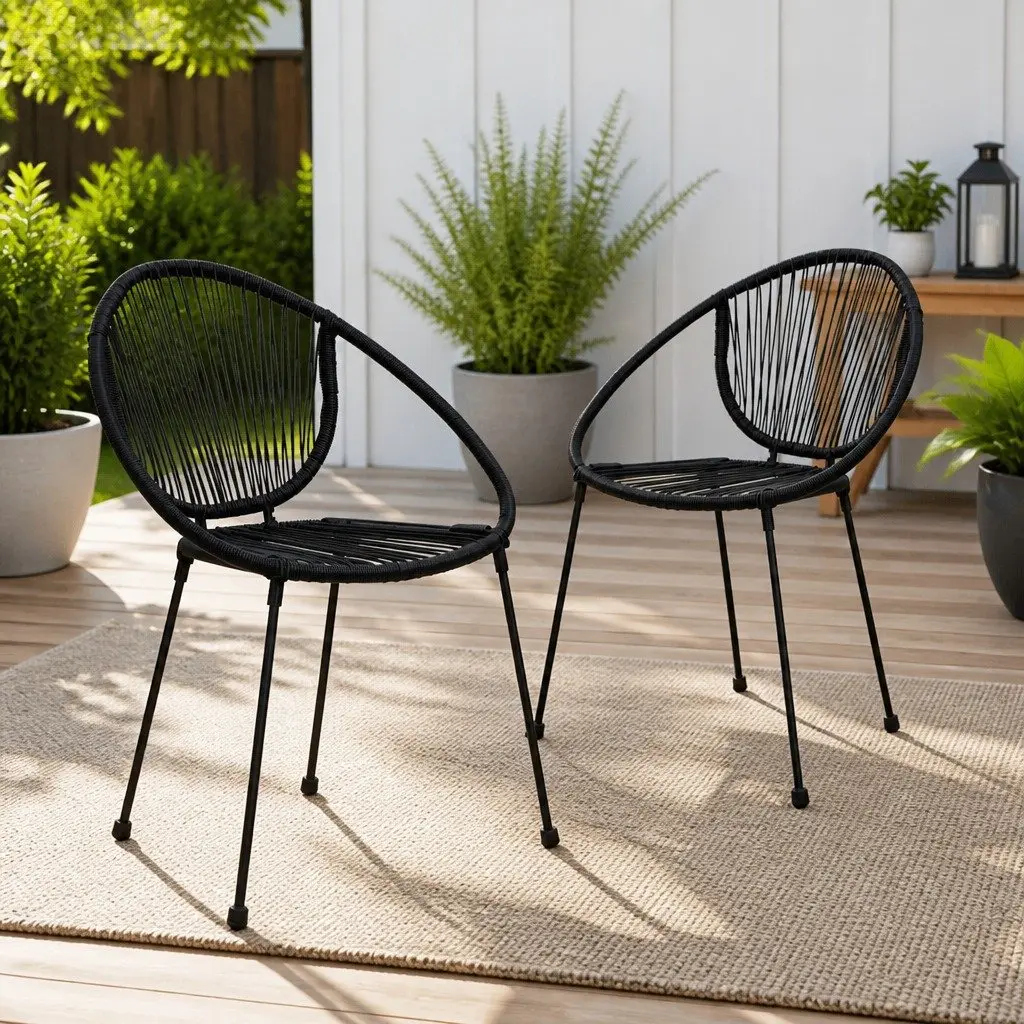 Outdoor Garden Chairs Stackable Ergonomic Black Rattan Style 2 Piece