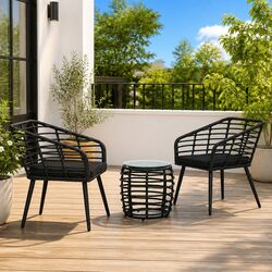 3 Piece Bistro Set Outdoor Garden Patio Furniture Black Poly Rattan Chairs Table