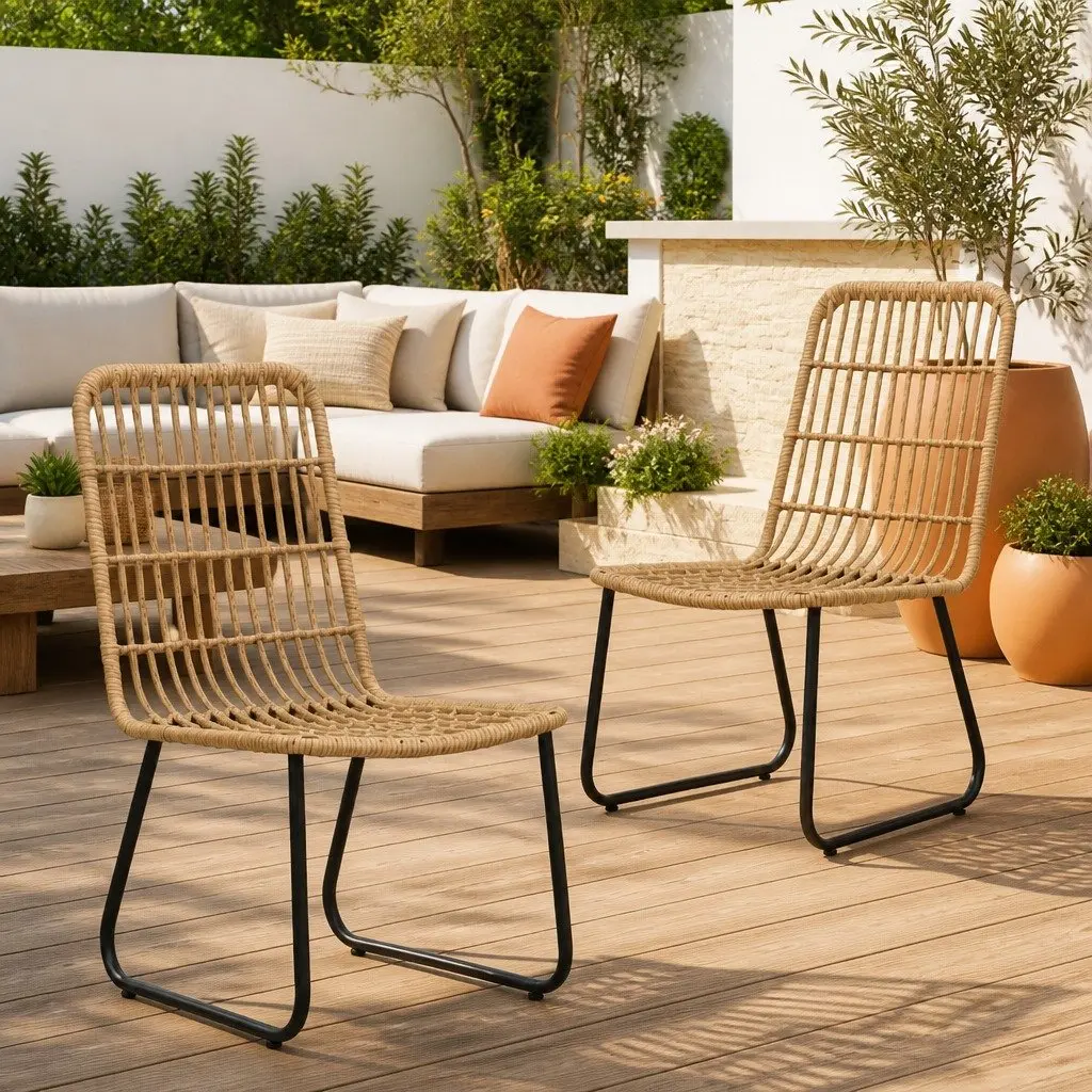 Outdoor Chairs 2 pcs Poly Rattan Brown Garden Patio Seating Curved Backrest Set