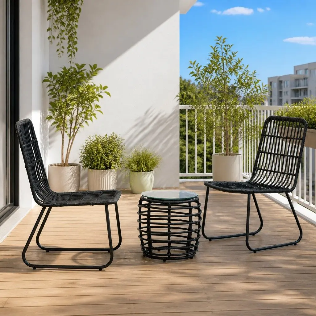 Outdoor Bistro Set Poly Rattan Chairs Coffee Table Black 3 Piece