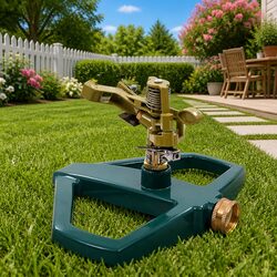 Rotary Sprinkler Green Lawn Watering System Metal Base Garden Hose Compatible