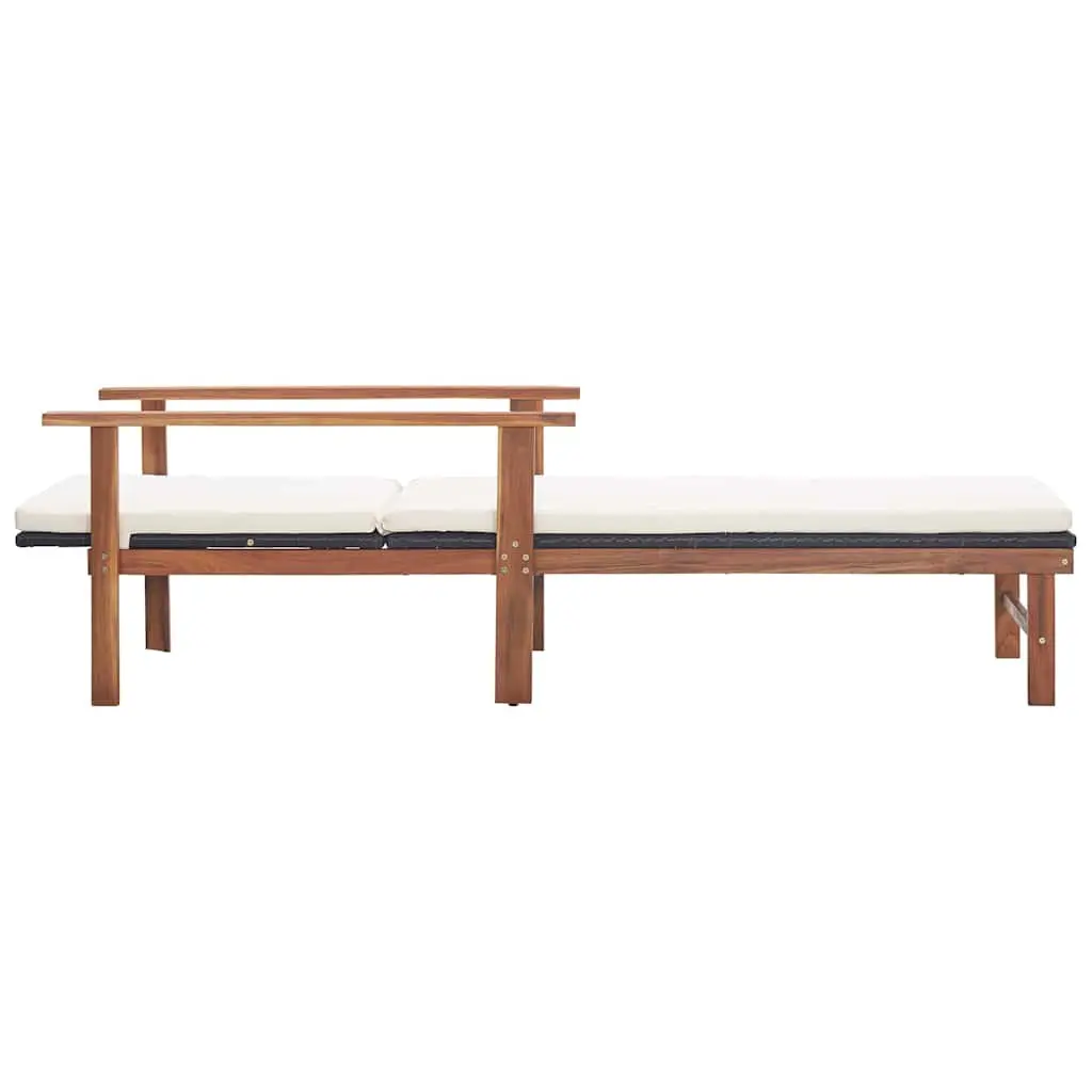 Sun Lounger with Cushion PE Rattan Acacia Wood Frame Outdoor Patio Garden Black