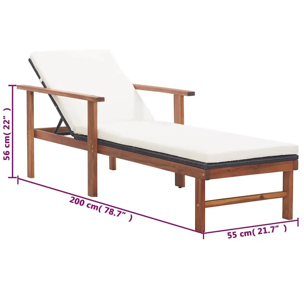 Sun Lounger with Cushion PE Rattan Acacia Wood Frame Outdoor Patio Garden Black