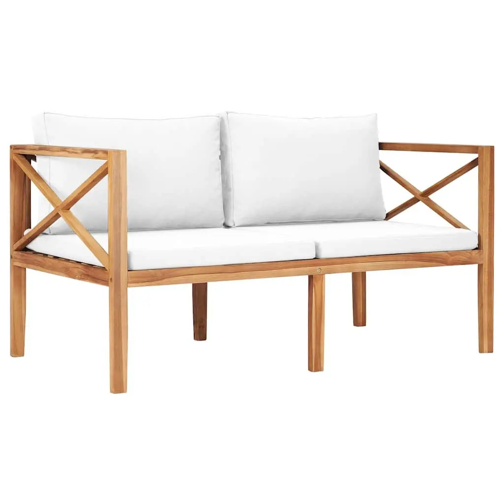 Outdoor Garden Bench Teak Wood Cream Cushion 2 Seater
