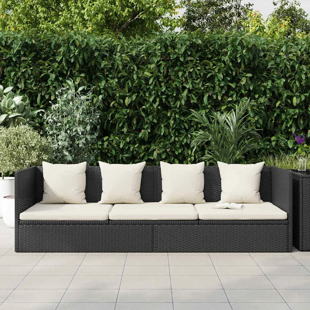Adjustable Outdoor Rattan Sun Lounger with Thick Cushion and Pillows Black