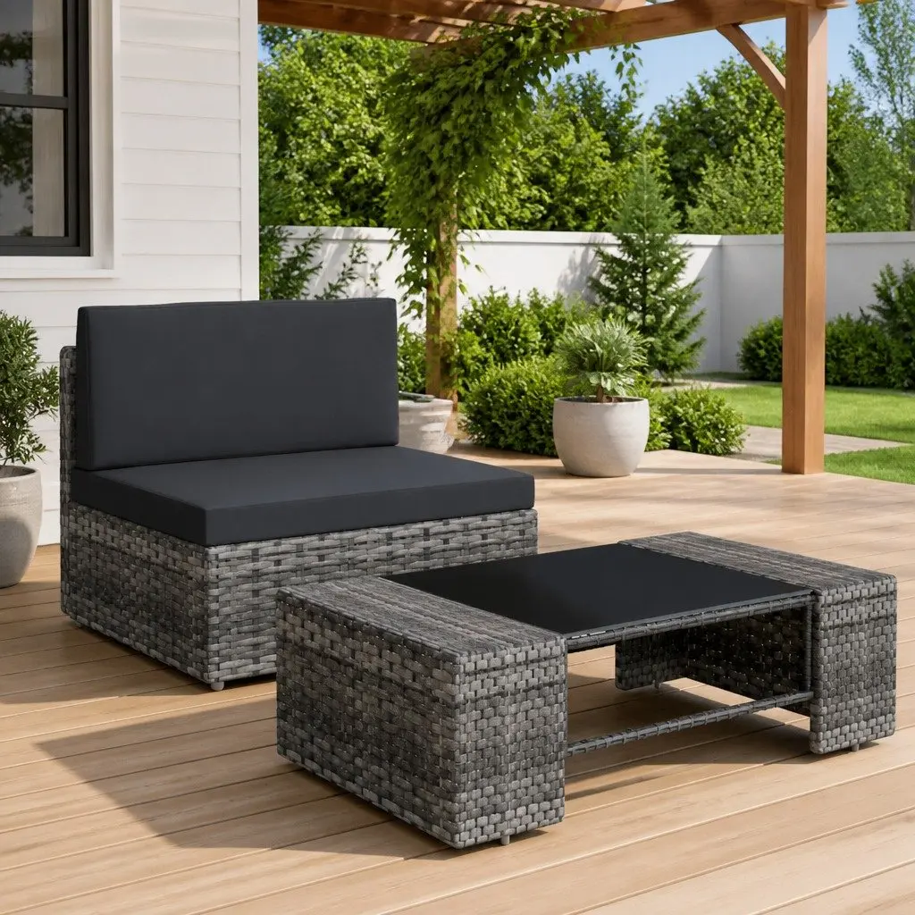 Modular Grey Poly Rattan Garden Lounge Set Outdoor Sectional Sofa with Coffee Table
