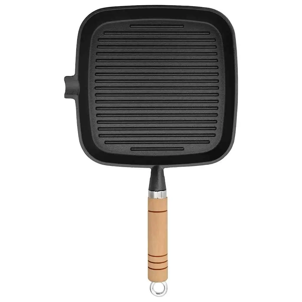 Cast Iron Grill Pan Ribbed Base 20x20 cm Wooden Handle