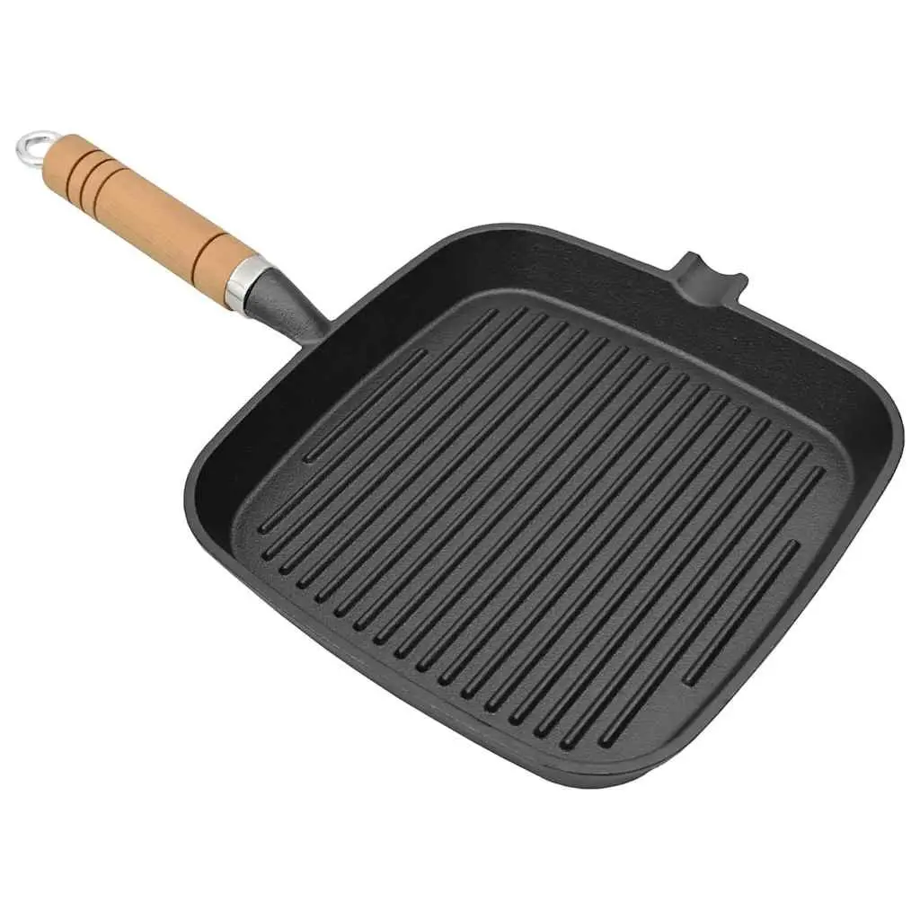 Cast Iron Grill Pan Ribbed Base 20x20 cm Wooden Handle
