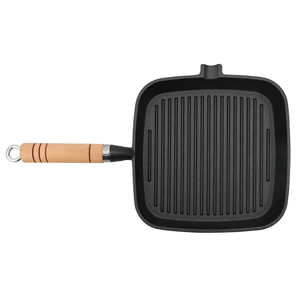 Cast Iron Grill Pan Ribbed Base 20x20 cm Wooden Handle