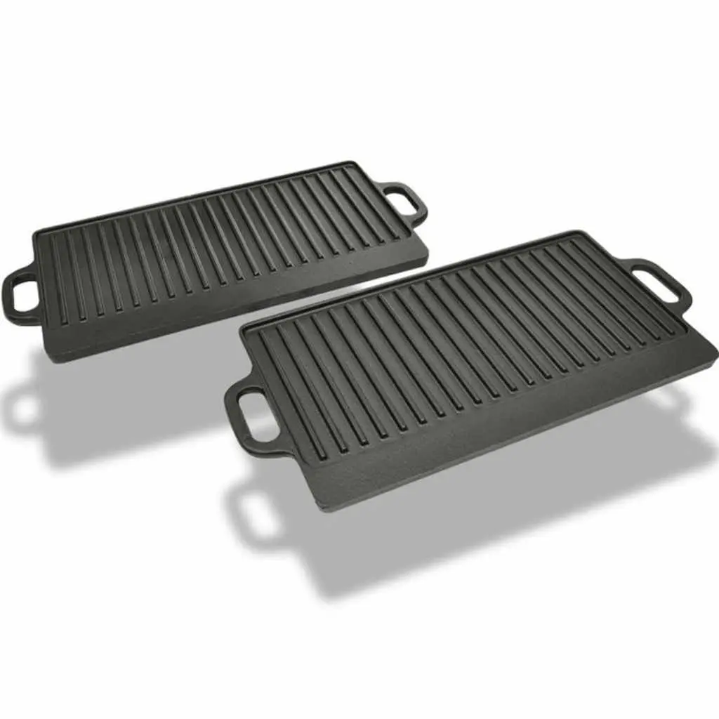 Cast Iron Reversible Griddle Grill Plate Set of 2 BBQ Pizza Platter Double Sided