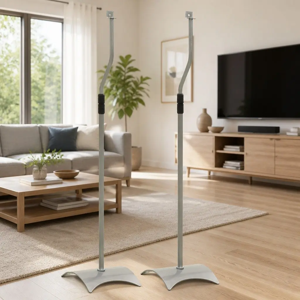 Speaker Stand Pair Adjustable Height Silver Steel Audio Studio Home System Mount