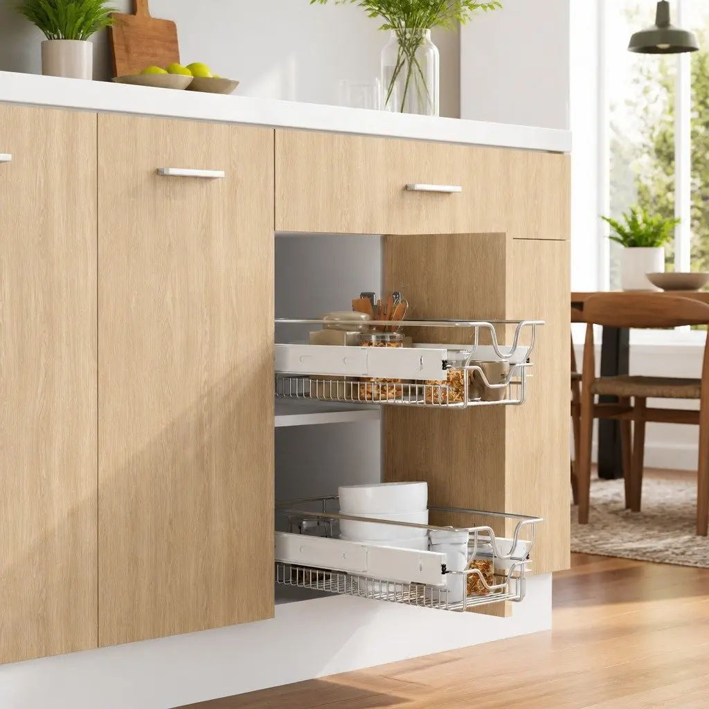 Pull-Out Wire Kitchen Baskets Silver 300mm 2 Piece Cabinet Organiser Storage