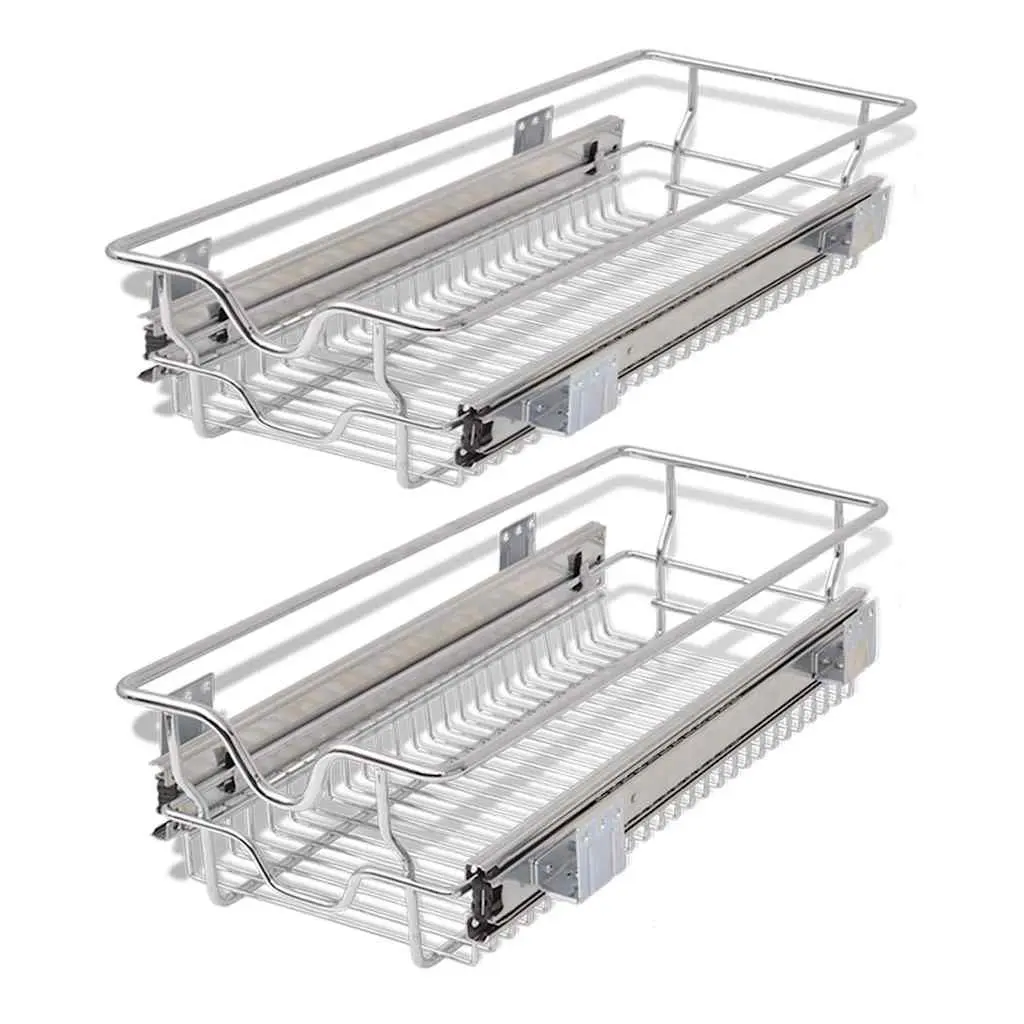 Pull-Out Wire Kitchen Baskets Silver 300mm 2 Piece Cabinet Organiser Storage