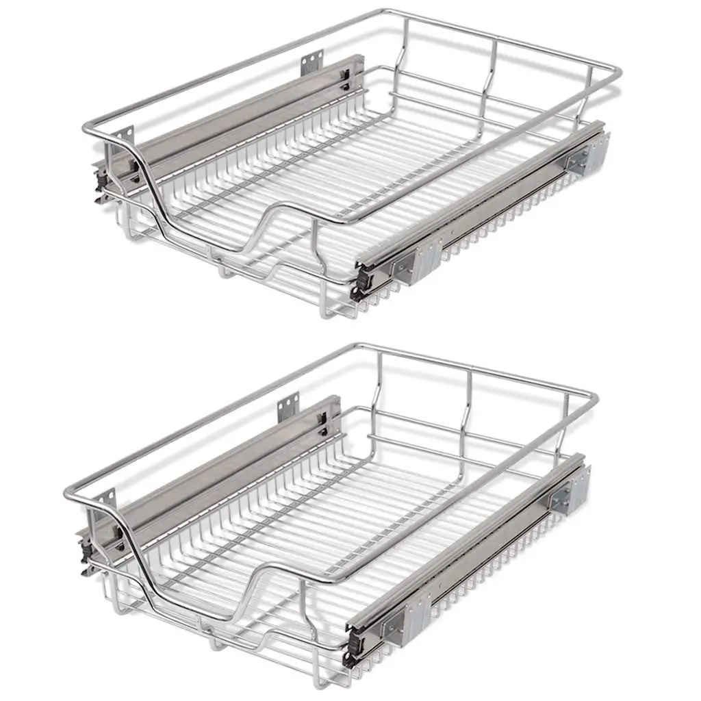 Pull-Out Wire Kitchen Baskets Sliding Drawer Organiser 40 cm Silver 2 Piece