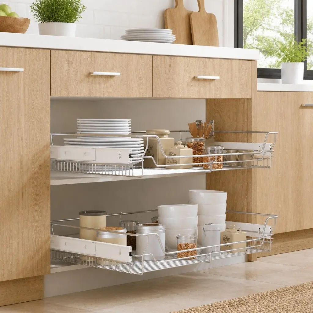 Pull-Out Wire Kitchen Baskets Silver 800 mm 2 Piece Sliding Storage Drawer