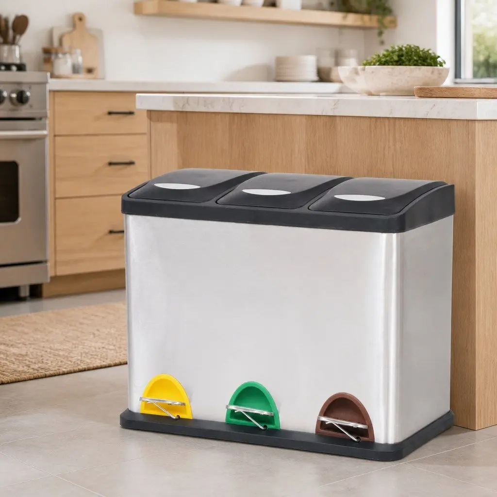 Recycling Pedal Bin Stainless Steel 24L Waste Sorting 3 Bins