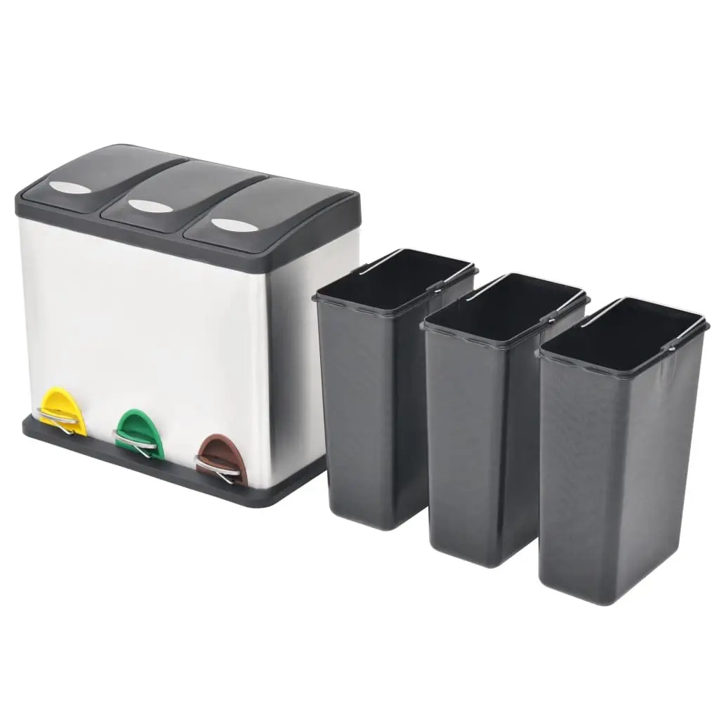 Recycling Pedal Bin Stainless Steel 24L Waste Sorting 3 Bins
