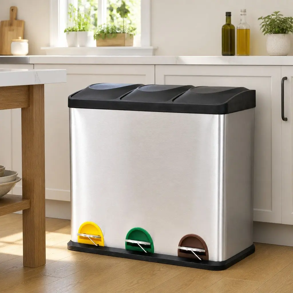 Recycling Pedal Bin 54L Stainless Steel 3 Compartments