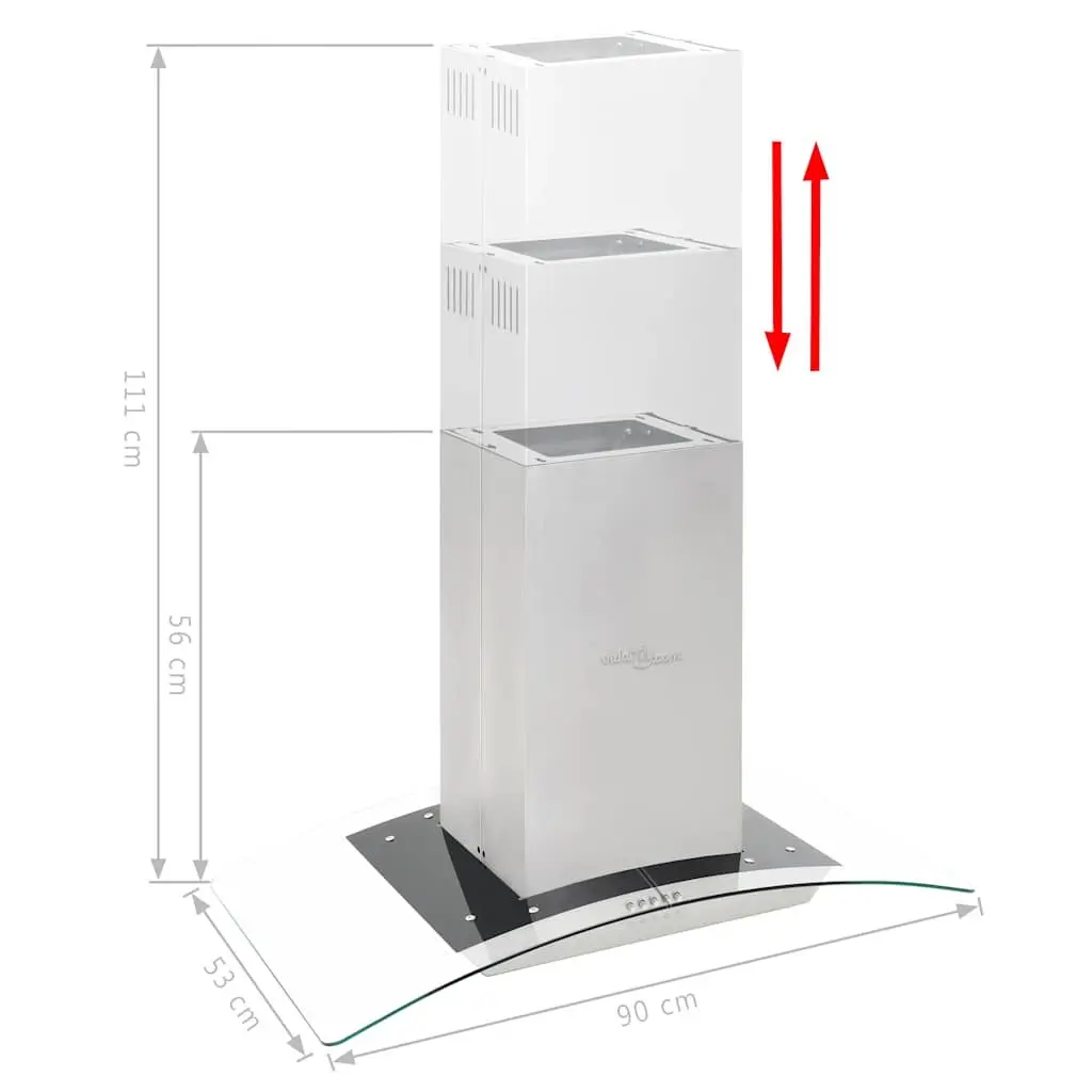 Island Range Hood 90cm Stainless Steel Curved Glass Canopy LED Lights 756 m³/h