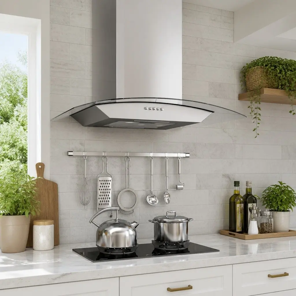 Wall Mounted Range Hood 60cm Silver Stainless Steel Curved Glass Chimney LED
