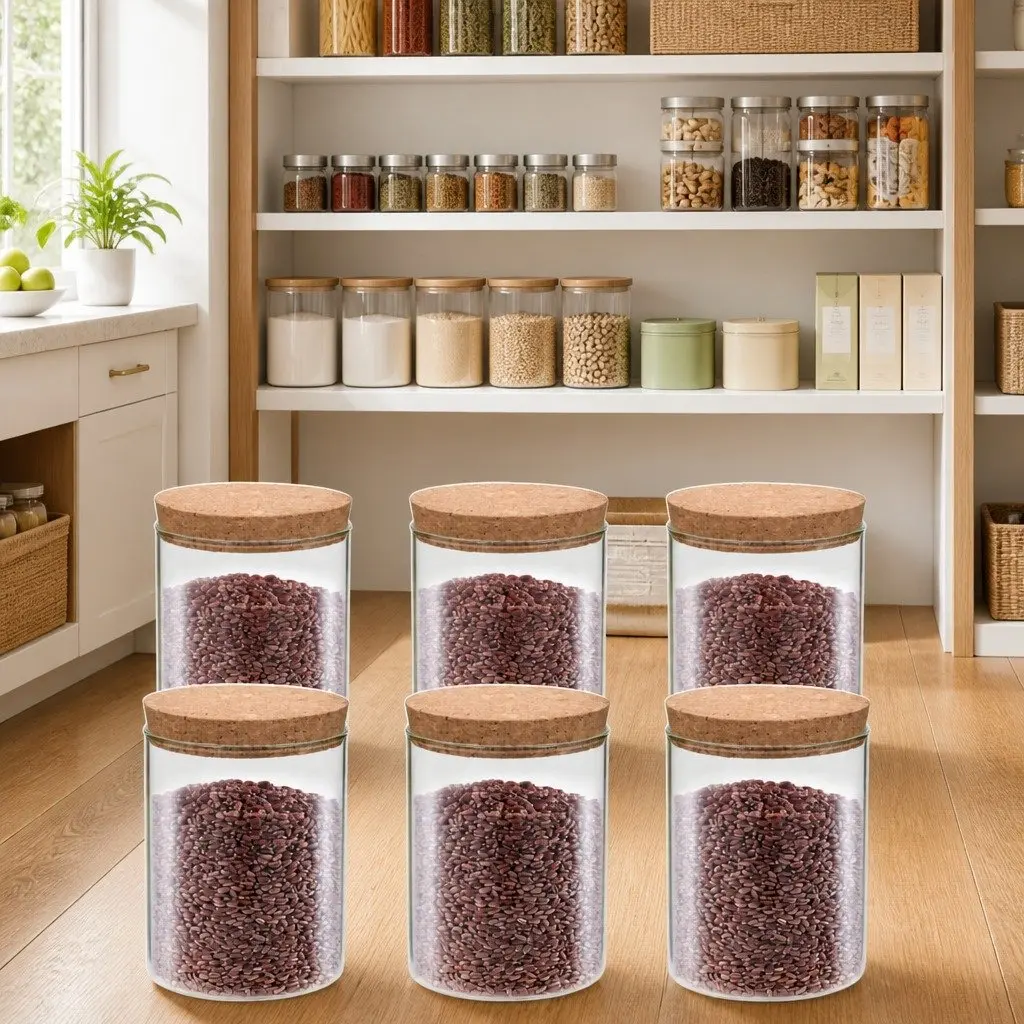 Glass Storage Jars with Cork Lids 650ml Set of 6 Kitchen Pantry Containers