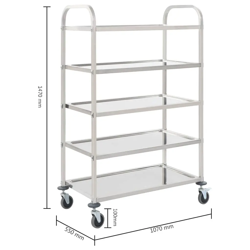 5-Tier Kitchen Trolley Stainless Steel Frame Rolling Serving Cart
