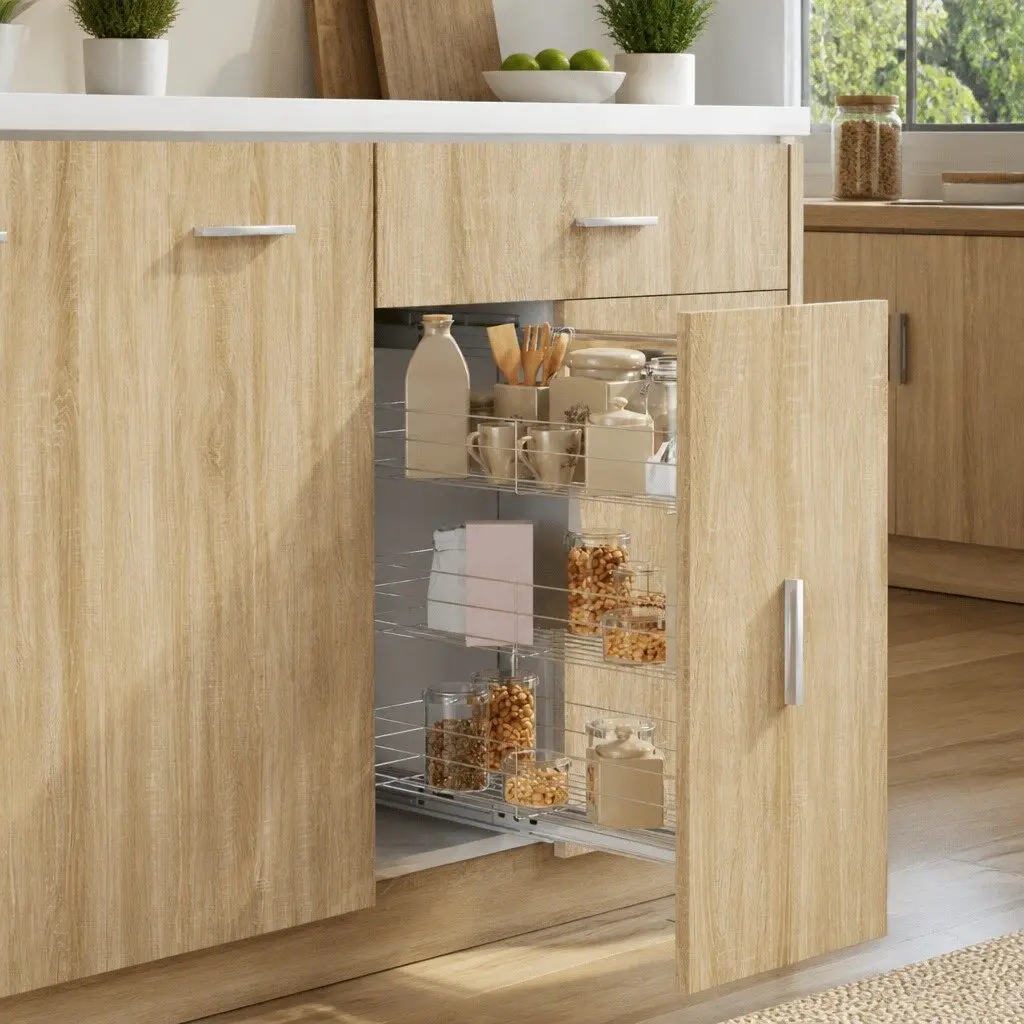 3-Tier Pull-Out Kitchen Wire Basket Storage Organiser Silver 47 x 25 x 56 cm