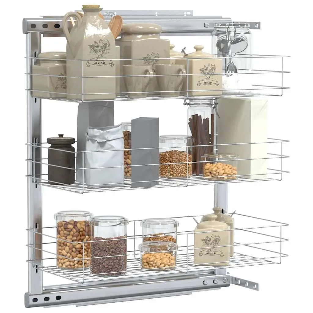 3-Tier Pull-Out Kitchen Wire Basket Storage Organiser Silver 47 x 25 x 56 cm