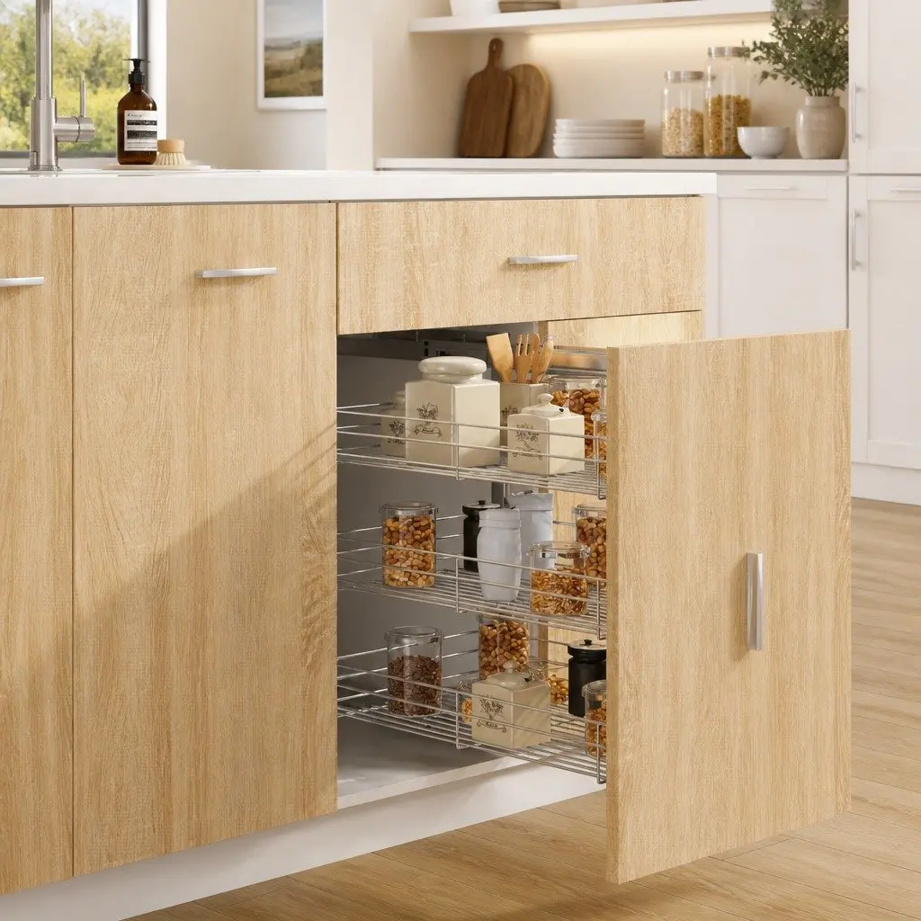 3-Tier Pull-out Kitchen Wire Basket Storage Organiser Sliding Shelf 47 x 35 x 56 cm