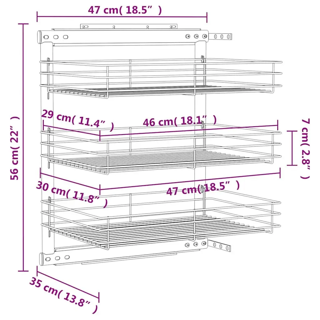 3-Tier Pull-out Kitchen Wire Basket Storage Organiser Sliding Shelf 47 x 35 x 56 cm
