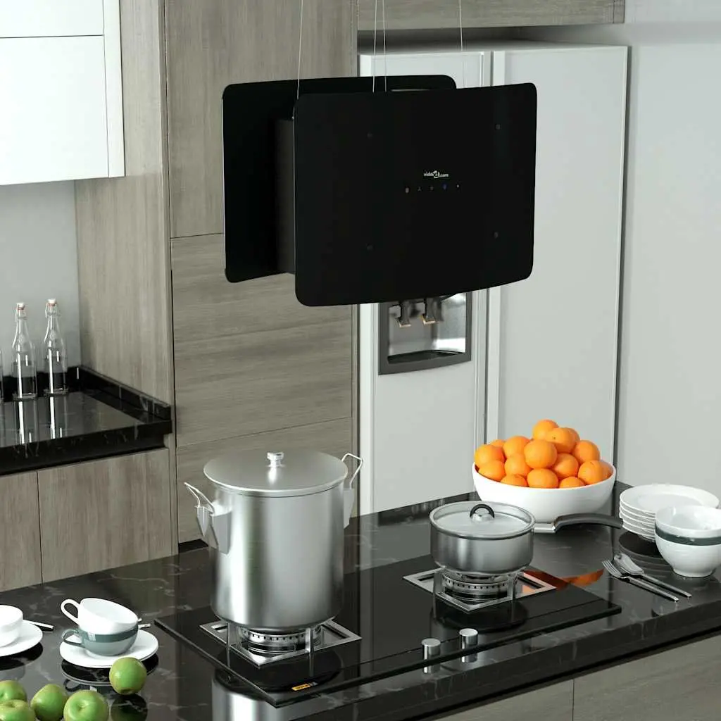 Island Range Hood Ceiling Mounted Touch Sensor LCD Tempered Glass Black