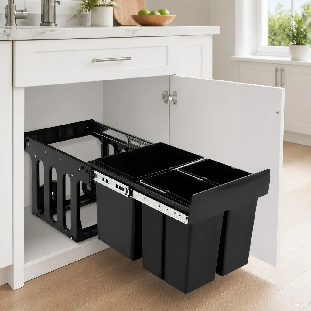 Pull-Out Dustbin Soft-Close 48L Black Kitchen Waste Bin with Three Removable Bins for Recycling Sorting