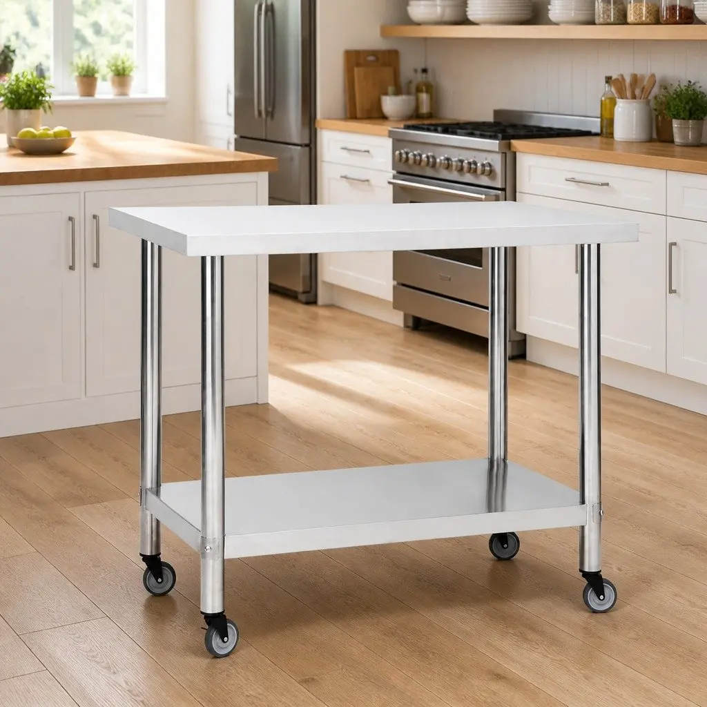 Commercial Work Table with Wheels Mobile Food Prep Station Kitchen Gastronomy