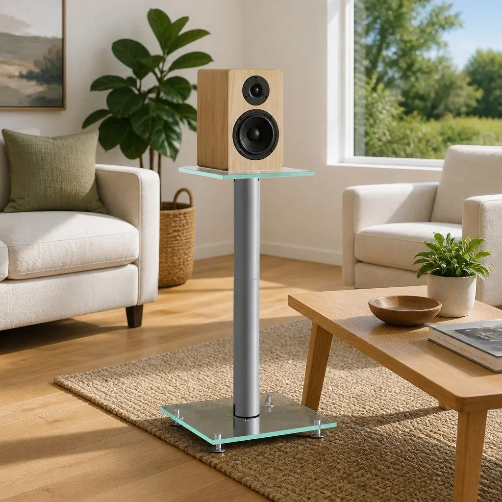 Speaker Stands Pair Silver Tempered Glass Single Pillar Audio Display Mount