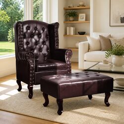 Armchair with Footstool Brown Chesterfield Design Lounge Chair Button Tufted