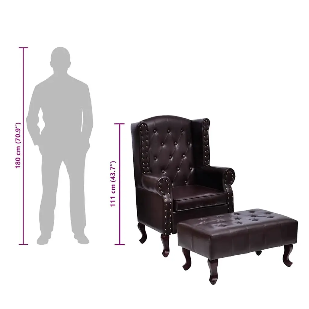 Chesterfield Armchair with Footstool Dark Brown Faux Leather Buttoned Accent
