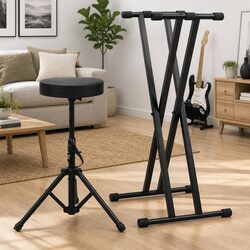 Adjustable Keyboard Stand and Stool Set Black Double Braced Foldable Music