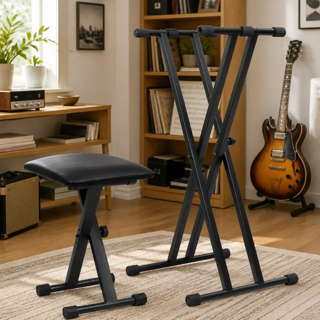 Adjustable Keyboard Stand and Stool Set Foldable Height Adjustable Steel Frame Black
