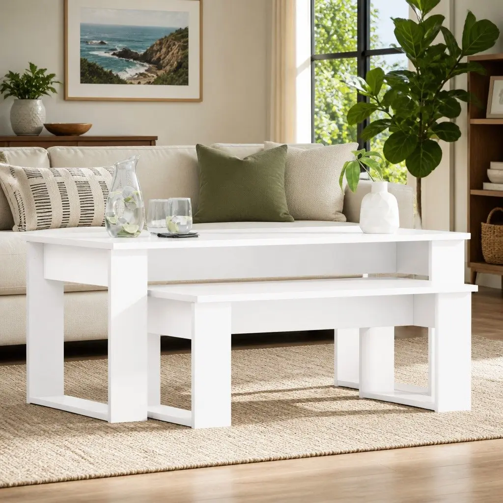 Coffee Table Set Modern White Rectangular 2 Piece