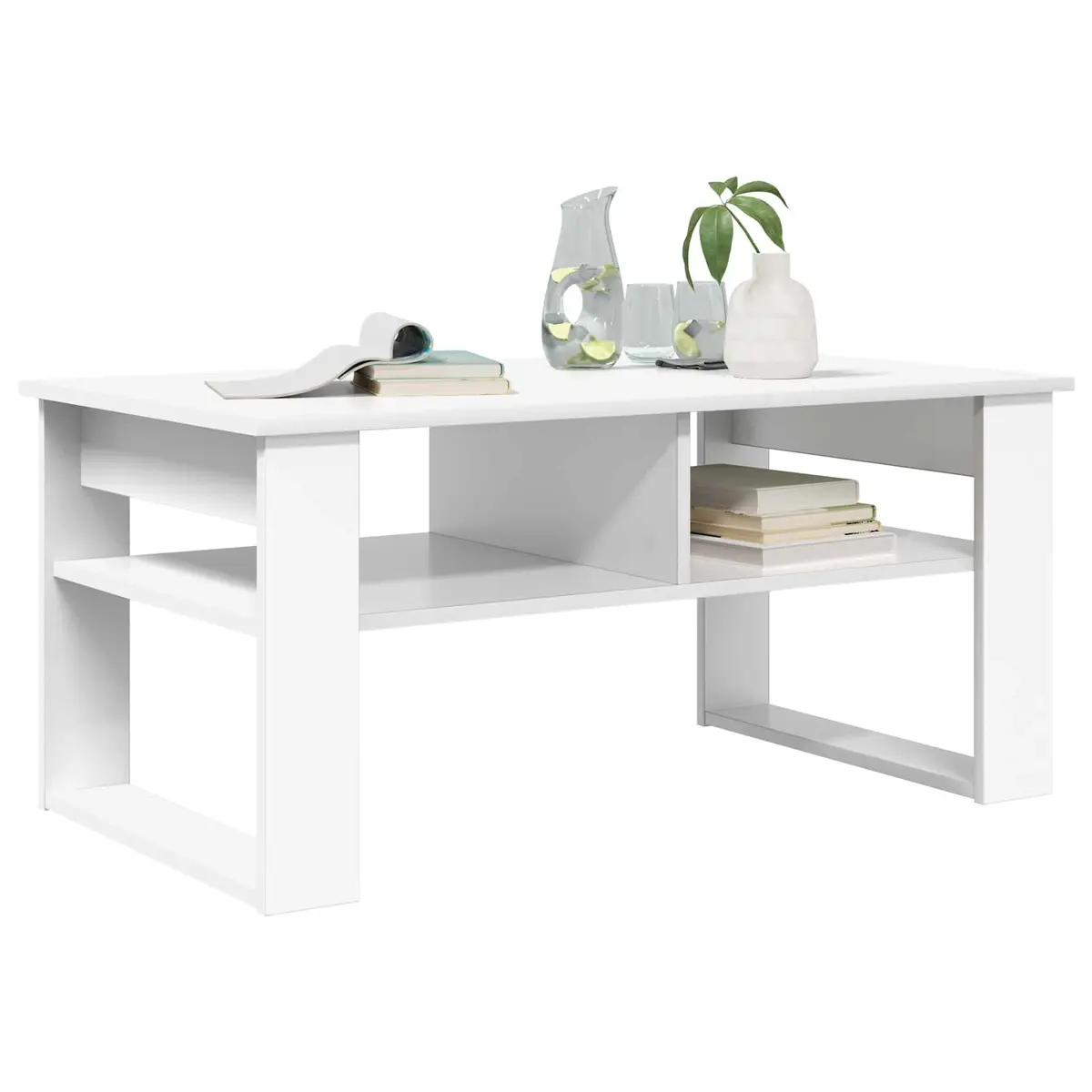 White Coffee Table with Storage Shelves Modern Living Room Furniture 96x54x44cm
