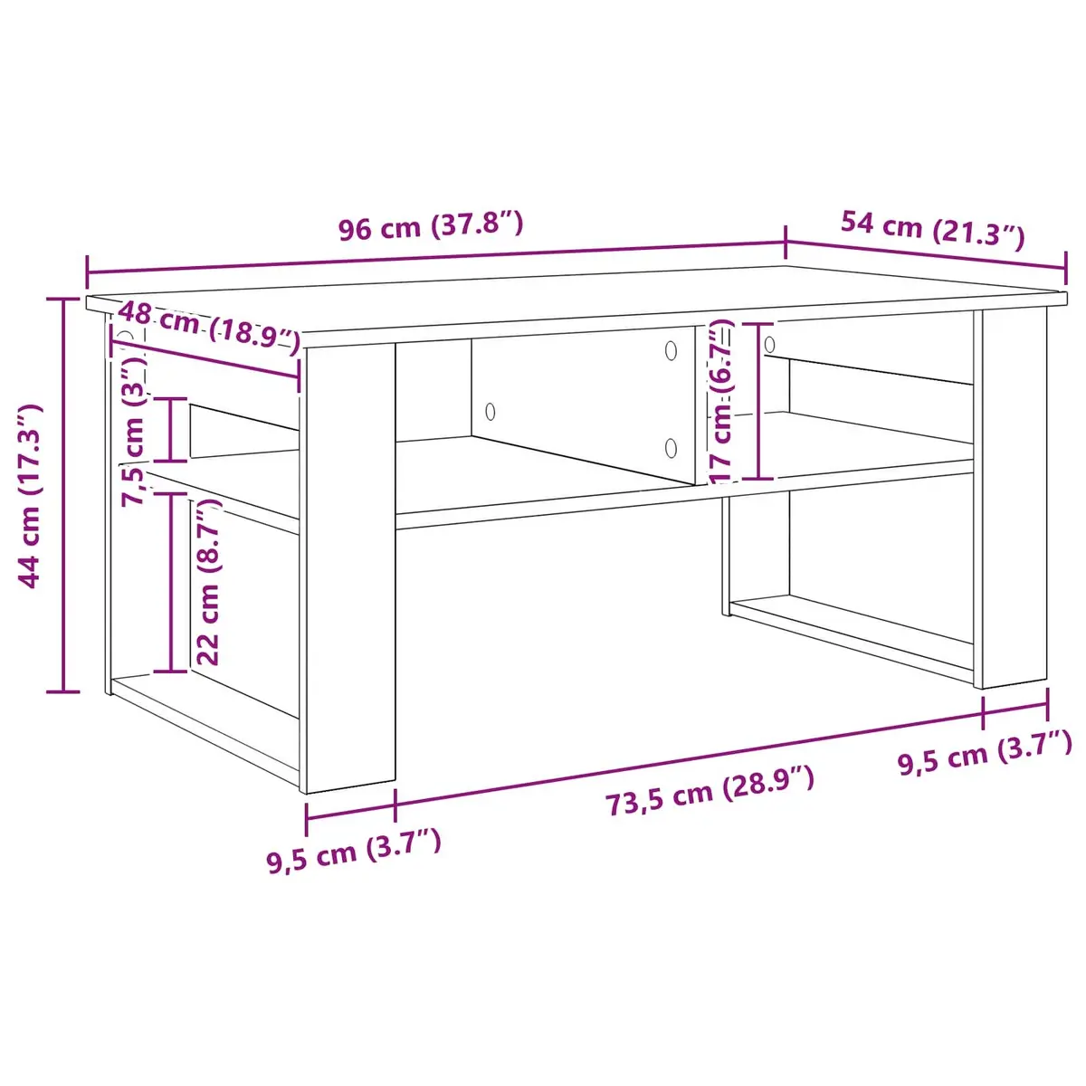 White Coffee Table with Storage Shelves Modern Living Room Furniture 96x54x44cm
