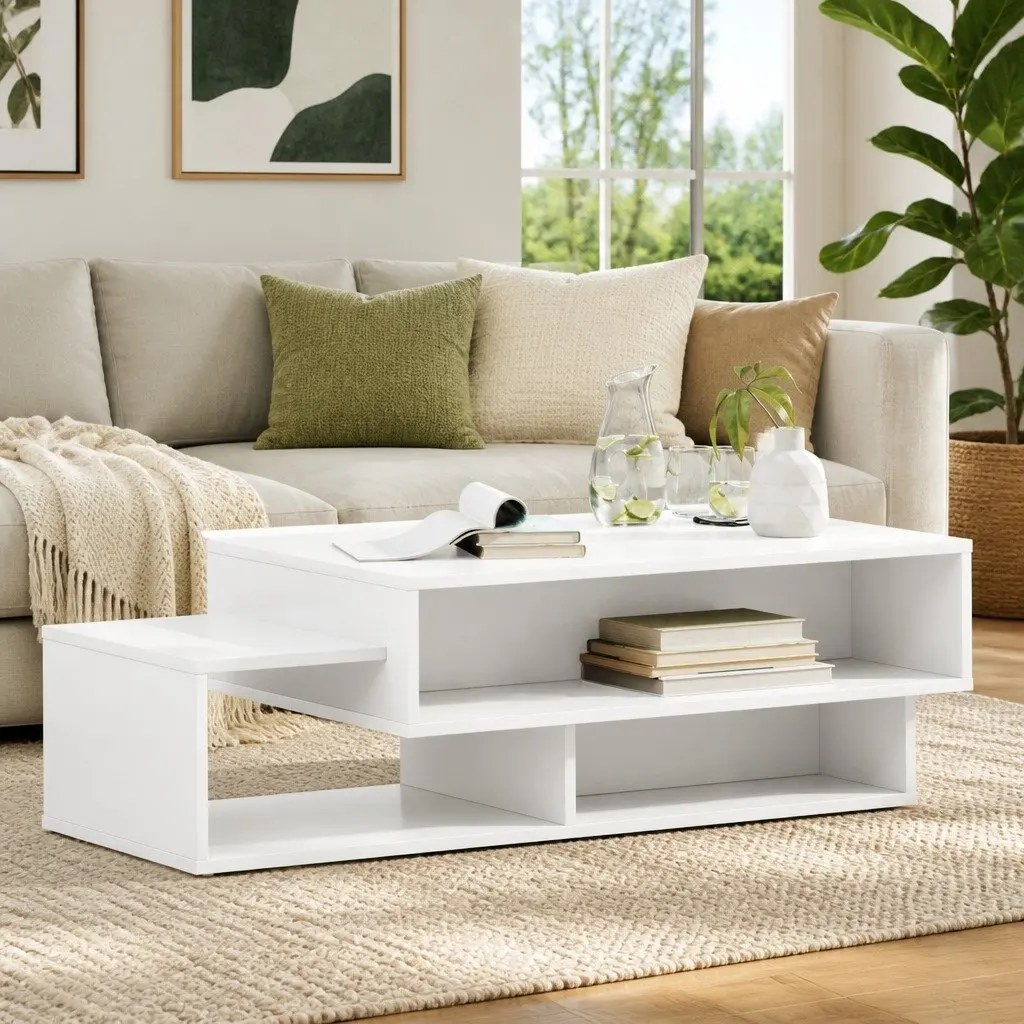White Modern Coffee Table Engineered Wood Living Room Accent Furniture Storage
