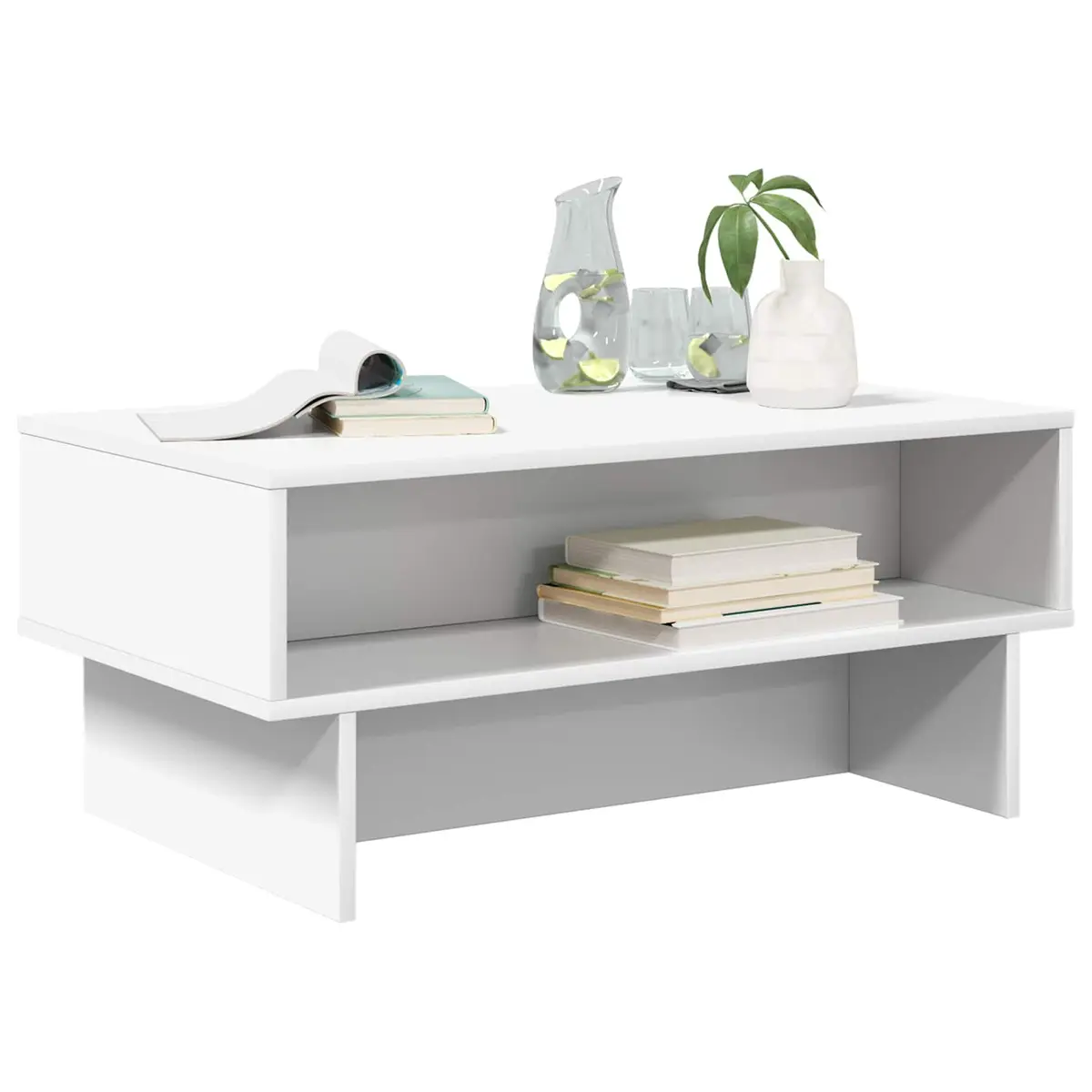 Coffee Table White Modern Engineered Wood with Integrated Storage Shelves 80 x 46 x 35 cm