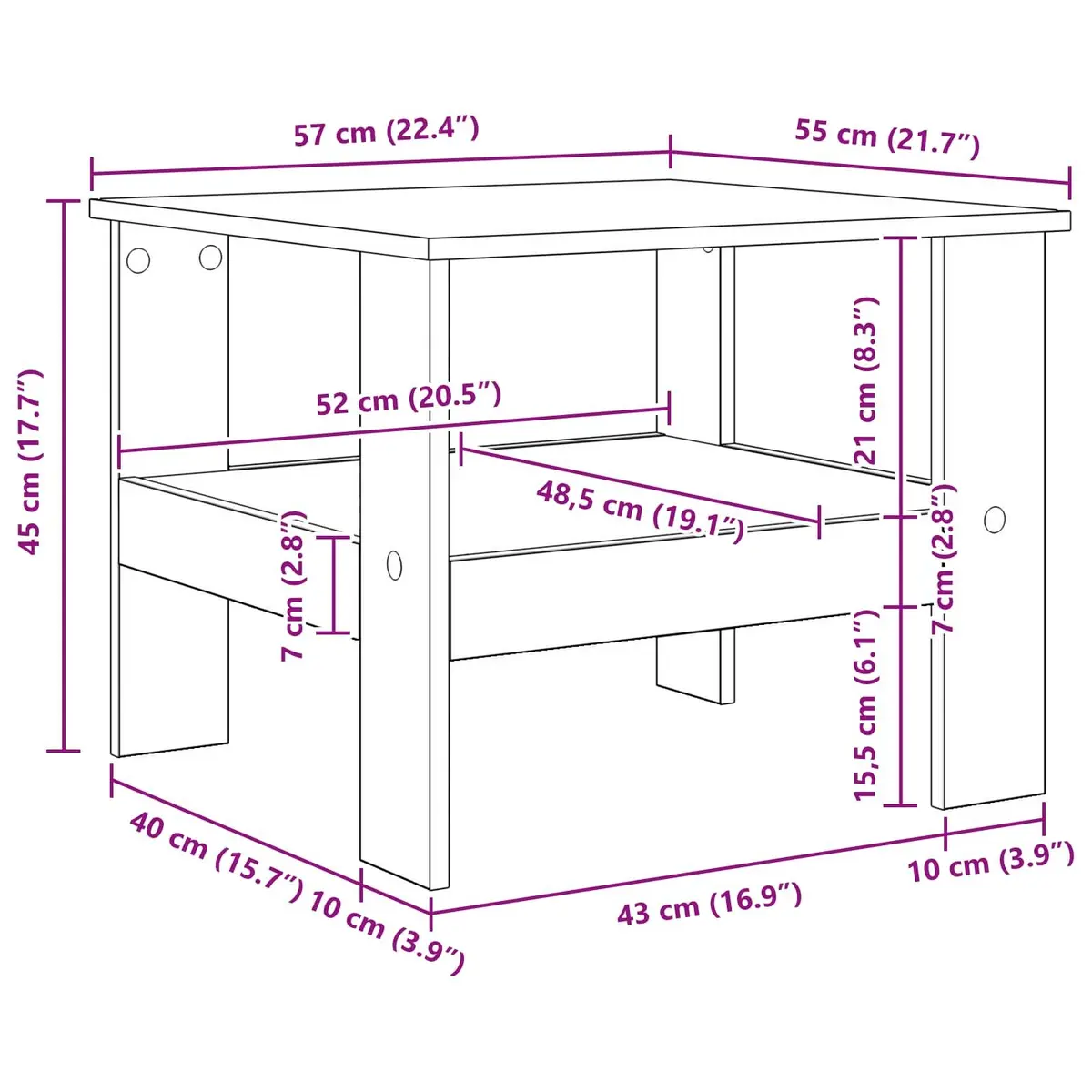 Coffee Table White Modern Living Room Furniture with Storage Shelves 57x55x45cm