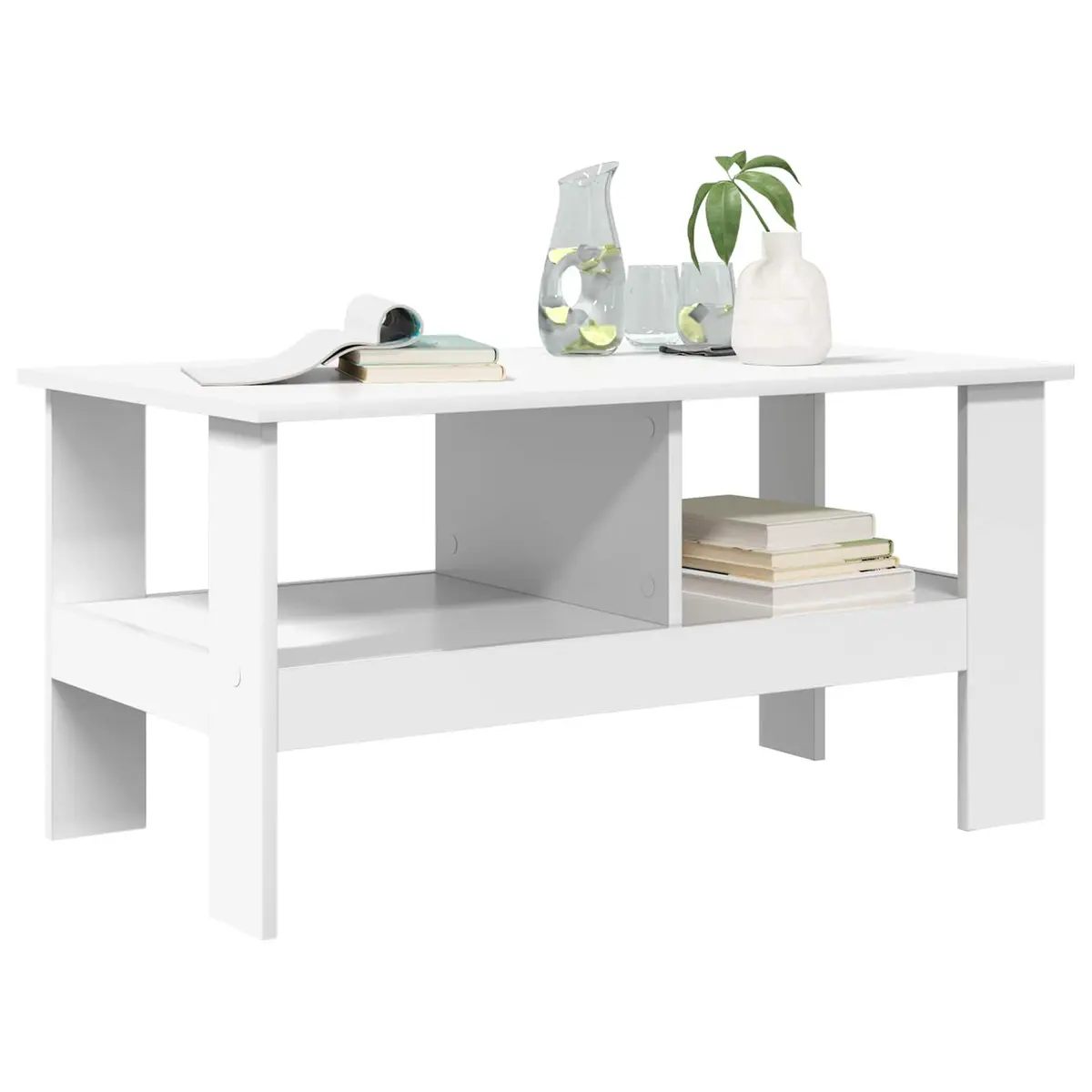 Coffee Table White Modern Engineered Wood Large Surface with Storage Shelves