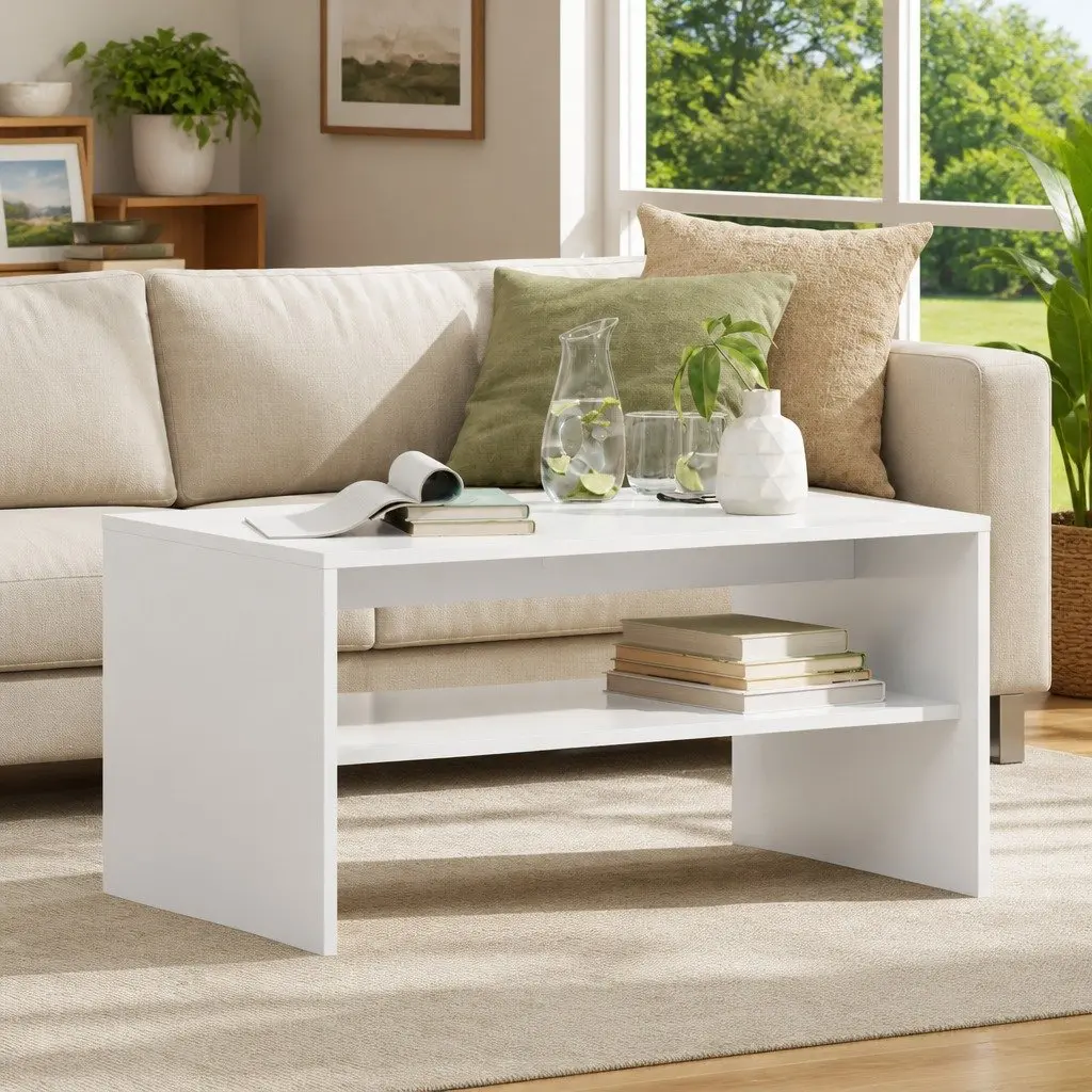 White Rectangular Coffee Table Modern Engineered Wood with Integrated Shelf for Living Room Storage