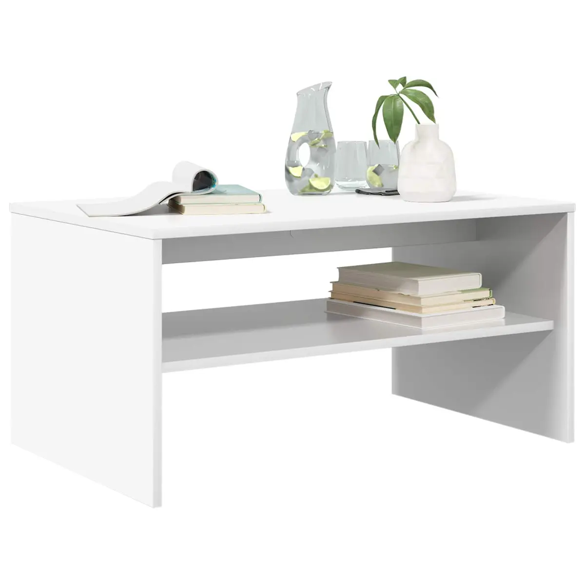 White Rectangular Coffee Table Modern Engineered Wood with Integrated Shelf for Living Room Storage