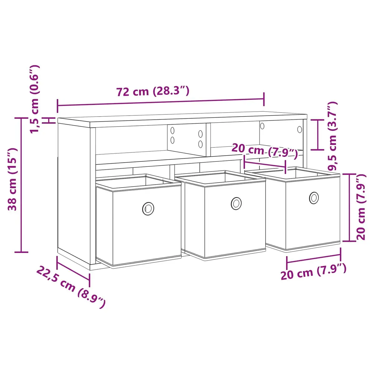Lowboard TV Unit Modern Black Oak Storage Furniture 72 x 22.5 x 38 cm